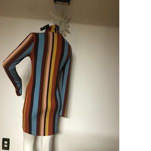 F21 stripe blue yellow brown sleeve bodycon dress mock turtleneck retro 70s vibe